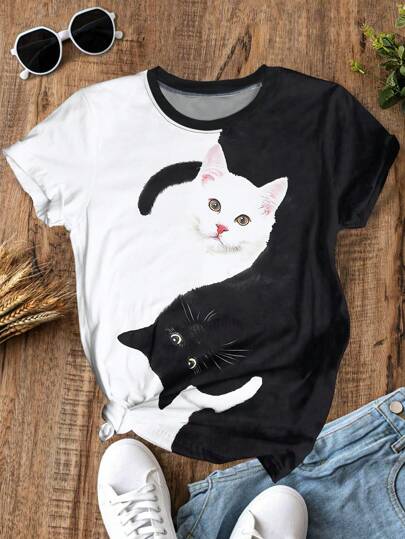 SHEIN LUNE Yin Yang Black & White Cats Print Round Neck Short Sleeve Tee,Casual And Comfort