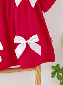 SHEIN Baby Girl Casual Simple Comfortable Round Neck Short Sleeve Colorblock Bow Decor T-Shirt - Red - View 4