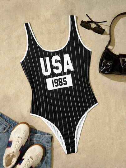 SHEIN EZwear 大码女式印花爱国紧身衣，适合 7 月 4 日