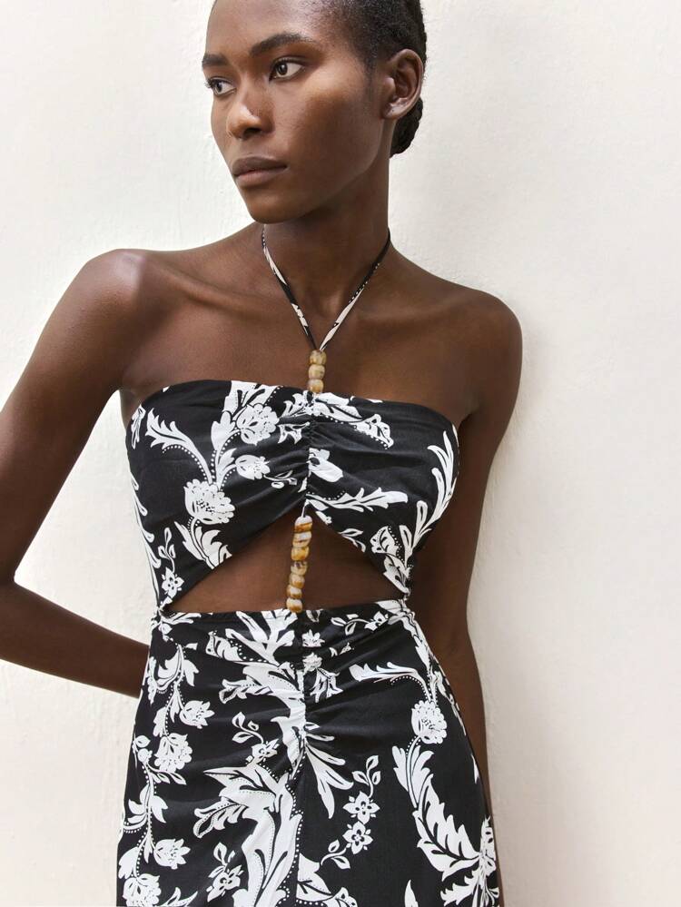 SHEIN Maija 여성용 플로럴 프린트 홀터넥 백리스 미니 드레스