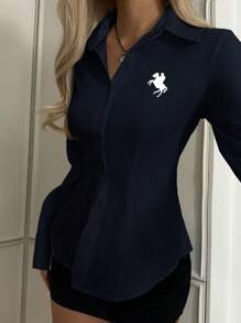 SHEIN EZwear Women's New Embroidery Decor Navy Blue Fitted Long Sleeve Shirt - Navy Blue - View 3