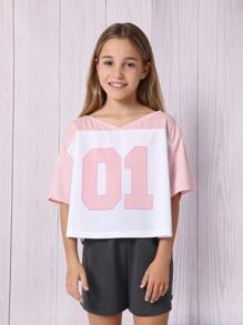 SUMWON Camiseta corta de atletismo con número de equipos deportivos, estilo porrista, ajuste suelto, parte superior de rendimiento, ropa deportiva juvenil de moda para volver a la escuela para adolescentes