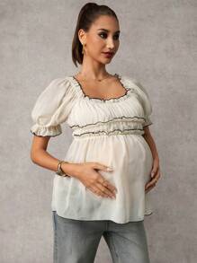 MaterniChic Pregnant Women Elegant Ruffled Short Puff Sleeve Fashionable Shirt, Summer Maternity Shirts - Apricot - View 7