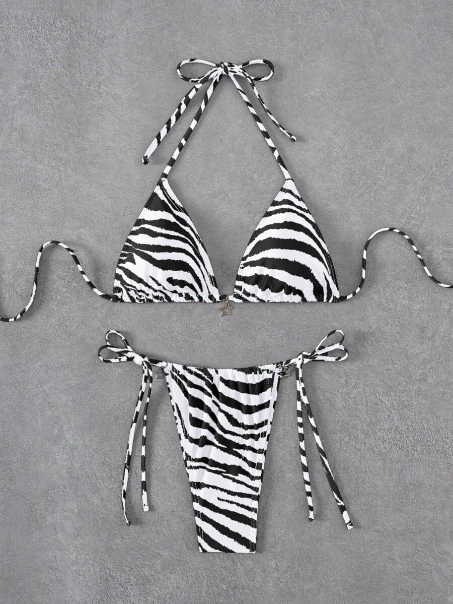 SHEIN Swim Vacation Zebra Print & Star Pendant Bikini Set - Black and White - View 1