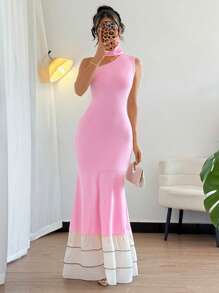 Chiquease 优雅性感纯色荷叶边不对称设计美人鱼连衣裙