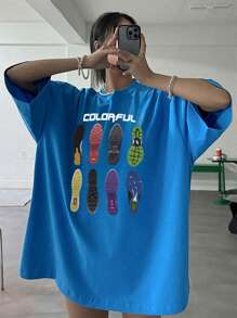 DAZY Women's Loose Pattern Printed Streetwear T-Shirt Graphic Tee - Blue - View 5