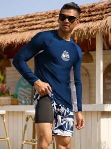 Manfinity VDAYZ Set de 2 piezas de traje de baño de hombre con estampado de árbol de coco, de manga larga y shorts, estilo hawaiano