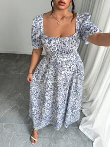 SHEIN LUNE 大码女式泡泡袖花卉印花休闲迷你连衣裙 - 藍白色 - 查看 6