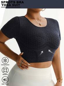 SHEIN Rhythm Era Camiseta deportiva de manga corta sin costuras azul para mujer talla grande - Azul Marino - Ver 1