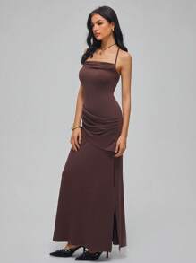 SHEIN 全新修身褶皱裹身V领开衩性感女式连衣裙 - 棕色 - 查看 6