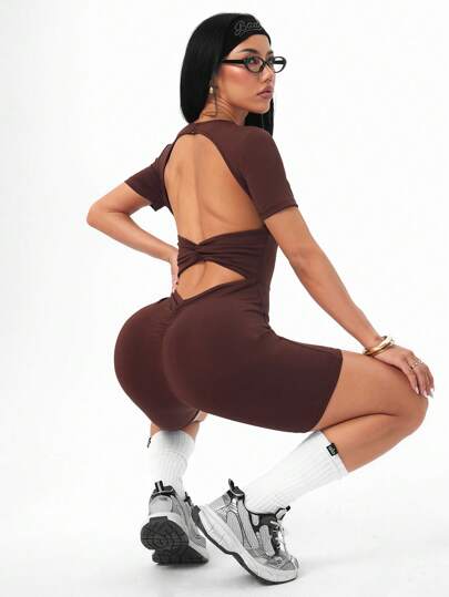 SHEIN Sports 女式纯色露背扭褶无袖运动连体裤