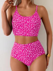 SHEIN Swim 2 件套女士碎花细肩带短款上衣和高腰三角裤比基尼套装，休闲度假装