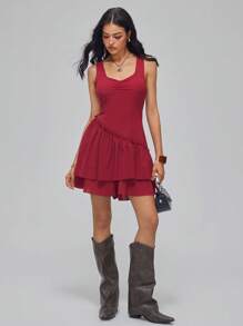 Roylia Women's Elegant Sweetheart Neck Drawstring Ruffle Hem Fitted Romper, Summer - Red - View 6