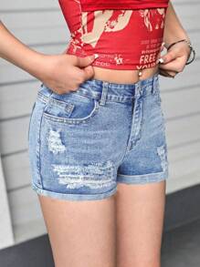SHEIN Girlism Shorts vaqueros informales con bolsillos y efecto desgastado para adolescentes durante el verano