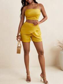 SOPHIA JUDE Golden Satin Overlap Ruching Crop Top Women Summer Outfits