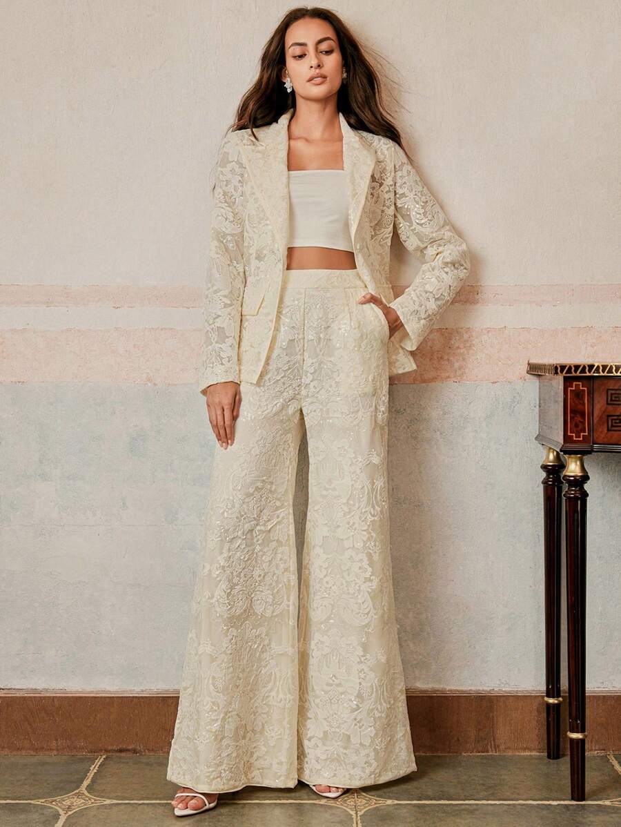 Anewsta Bộ vest trong suốt thêu kim sa chất lượng cao cho sự kiện trang trọng lãng mạn thanh lịch, trang phục mùa xuân cho phụ nữ, quần áo mùa hè - Màu be - Xem 1