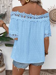 SHEIN LUNE Blusa de manga corta con detalles florales, textura y patchwork de encaje - Azul - Ver 3