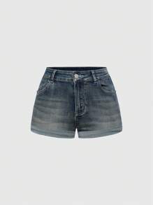 ROMWE Avant Women Y2K Chic Star Low Waist Denim Shorts - Baby Blue - View 2