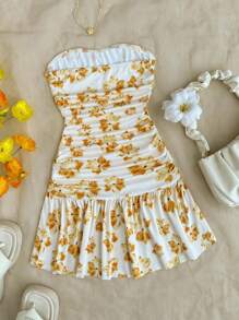 SHEIN Unity 女式夏季欧式美式花卉印花修身褶饰修身短款休闲度假抹胸迷你连衣裙 - 黃色 - 查看 2