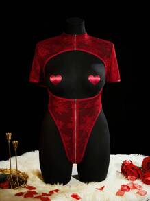 SpicyHot Set de 2 piezas Lencería sexy de talla grande con espalda calada, inserción de encaje, mono con cremallera en la entrepierna y cubierta para los pezones