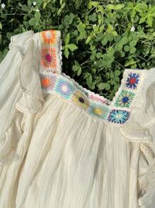 DAZY Blusa casual y elegante de mujer con bordado, manga larga, cuello cuadrado y crochet, para primavera/verano y otoño, top estilo babydoll - Albaricoque - Ver 11