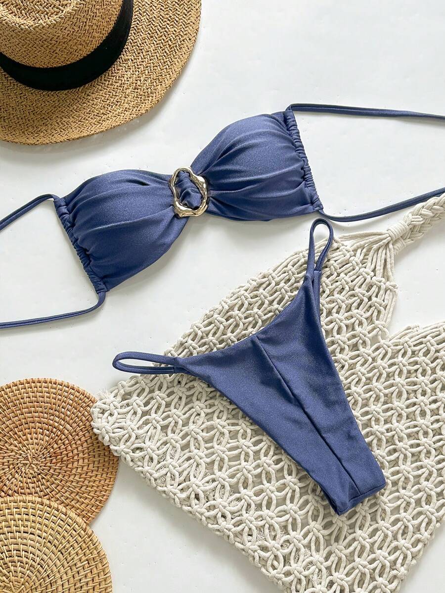 Swim Mod Springbreak Women's Solid Color Strapless Tie Front Metal Decor Sexy Bikini Set, Summer - Navy Blue - View 1