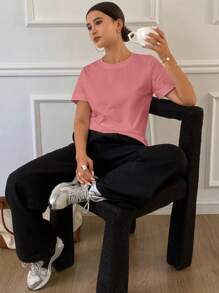 Livesso Solid Color Crew Neck Casual Short Sleeve T-Shirt For Women, Autumn - Rose Red - View 3