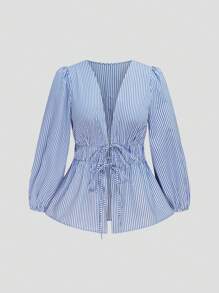 SHEIN MOOSTA Camisa informal de manga larga con detalles de twist, estampado de rayas y flores, para vacaciones de verano en tallas grandes - Multicolor - Ver 1