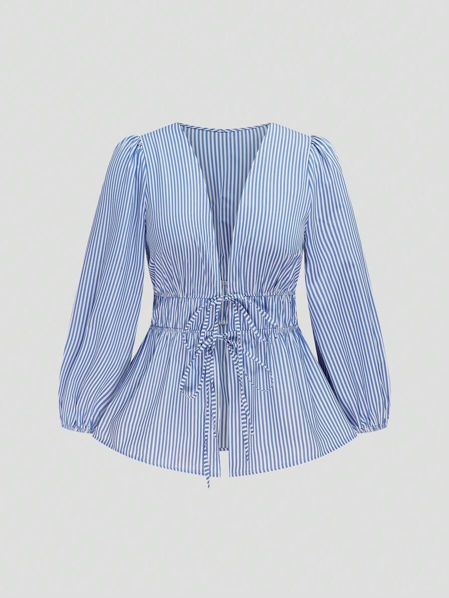 SHEIN MOOSTA Camisa informal de manga larga con detalles de twist, estampado de rayas y flores, para vacaciones de verano en tallas grandes - Multicolor - Ver 1