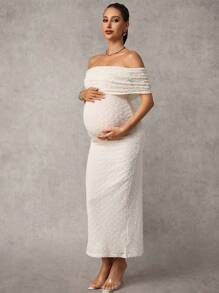 MaterniChic Elegant Off Shoulder Maternity Sun Dress - Apricot - View 8