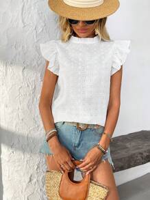 Breezaya Women's Hollow Out Embroidered Cherry Print Round Neck Cap Sleeve Blouse, Spring/Summer - White - View 3