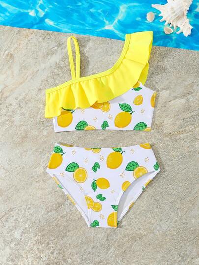 Conjunto de dos piezas de traje de baño con estampado aleatorio para niña joven