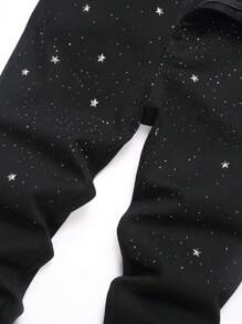 Manfinity Homme Men's Rhinestone Decor Zipper Pocket Skinny Fit Jeans Men Rhinestone Jeans Urban Hang Out Street Workout