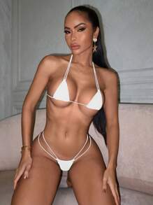 女士夏季海滩纯色露背性感白色比基尼套装