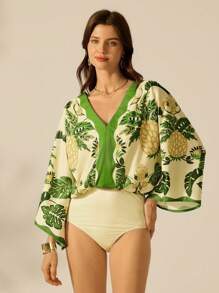 CAJUNI Body verde donna con scollo a V, maniche, stampa boho con ananas, foglie di palma e motivi tropicali, casual estivo, ideale per gite in spiaggia