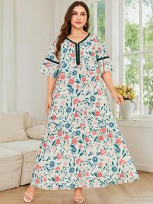 Al Najma Plus Size Elegant Floral Print V-Neck Loose Dress - Multicolor - View 4