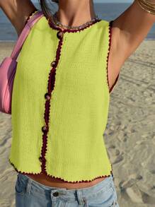 Jouncy Women's Single-Breasted Round Neck Sleeveless Casual Knit Top - Olive Green - View 4