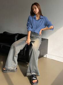 DAZY 女士长袖宽松休闲纯色衬衫，秋装 - 藍色 - 查看 2