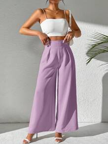 SHEIN Clasi 女士纯色高腰褶皱阔腿优雅裤 - 紫色 - 查看 3