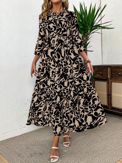 SHEIN Clasi Elegant Floral Print Shirt Dress With Turndown Collar, Blue & White