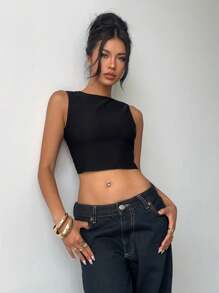 Aloruh Women's Summer Casual Solid Color Tie-Backless Cropped Tank Top - Black - View 3