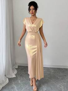 Elenzga Women's Pleated Ruffled Long Sleeve Gold Foil Dress - Baby Pink - View 5