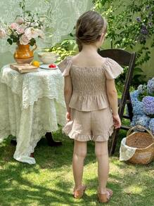 LMoss Kids 2 Pieces Young Girl Solid Round Neck Ruched Casual Top And Shorts Set - Apricot - View 2