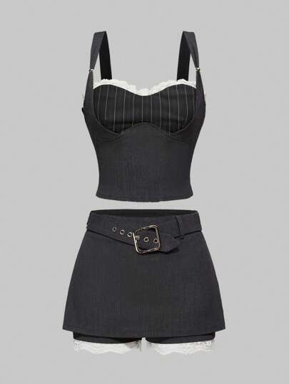 Academia 2Pcs/Set Y2K Office Style Lace Patchwork Backless Bow Tie Decorated Women Shirt