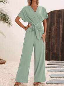 SHEIN Clasi Women Summer Casual Solid Color V-Neck Jumpsuit