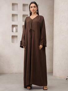 SHEIN Najma Coffee Color Tie Bow Cardigan, Fashionable For Summer, Modest Kaftan