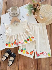 SHEIN 2 件套女婴可爱水果图案荷叶边短款上衣和高腰裤套装，夏季 - 杏色 - 查看 6