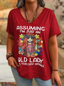 SHEIN 大码时尚女孩休闲 V 领 T 恤，带有黄色花朵图案，假设我只是一位老太太是你的第一个错误图案 T 恤女式上衣