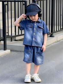 Young Boys Denim Two Pieces Outfits Young Boys Suit Set Young Boys 2 Pieces Young Boys Sets Boys Denim 2 Pieces Outfits Girl Clothes Sets Young Girls Sets - Blue - View 4