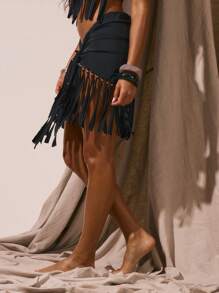 Musera Resort Tie Beaded Fringed Sarong Cover Up Skirt Spring Summer Vacation Sexy Boho Ibiza Festival Beach Swim Black Carnival Holiday - Black - View 3